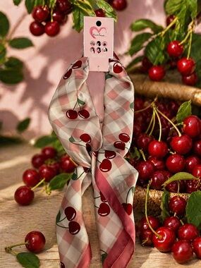 Cherry-Print Pink Plaid Purse/ Hair/ neck/ hat Scarf NWT